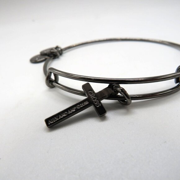 Alex Ani Cross Charm Bangle Bracelet Gun Metal Gray Tone Adjustable - Picture 1 of 8